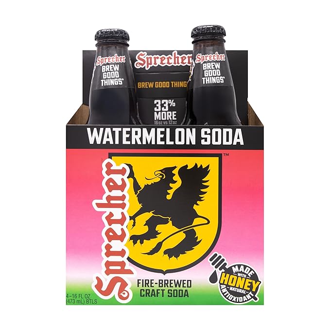Sprecher Watermelon Soda in 16 fl oz Glass Bottles (12 Pack) Fire Brewed Craft Soda with Real Honey Bold Juicy Watermelon Flavor Naturally Flavored Gluten Free Soft Drink