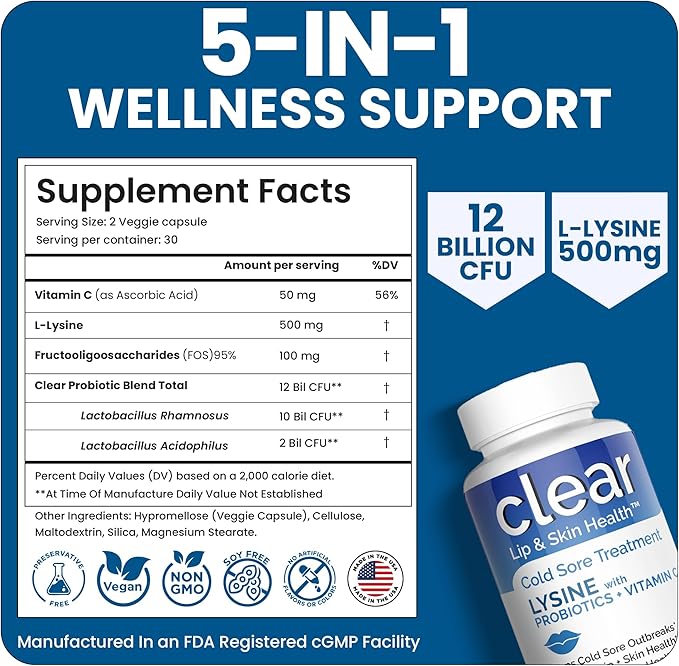 Lysine Cold Sore Treatment for Lips – with Lactobacillus Rhamnosus Acidophilus and Vitamin C – Cold Sore Supplement for Lip &amp Skin Health Immune Support &amp Prevention – 360 Capsules