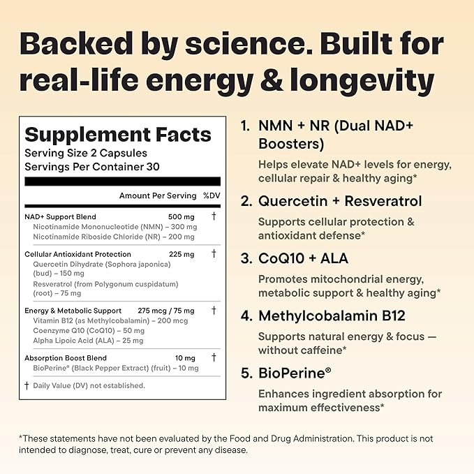 NAD+ Supplement with NMN &amp Nicotinamide Riboside (NR) – Advanced Cellular Energy &amp Healthy Aging Complex – with Resveratrol CoQ10 Quercetin &amp BioPerine – 60 Vegan Capsules