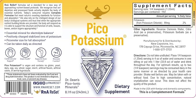 RnA ReSet Pico Potassium – Liquid Potassium Supplement for High Absorption 8.1 Fl Oz (1-Pack) NSF Contents Certified Heart Health Muscle Function Brain Health Hydration