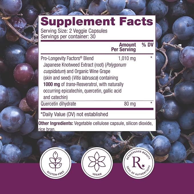 Reserveage Beauty Resveratrol 1000 mg Antioxidant Supplement for Heart Health and Immune Support Supports Healthy Aging and Immune System Paleo Keto 60 Capsules