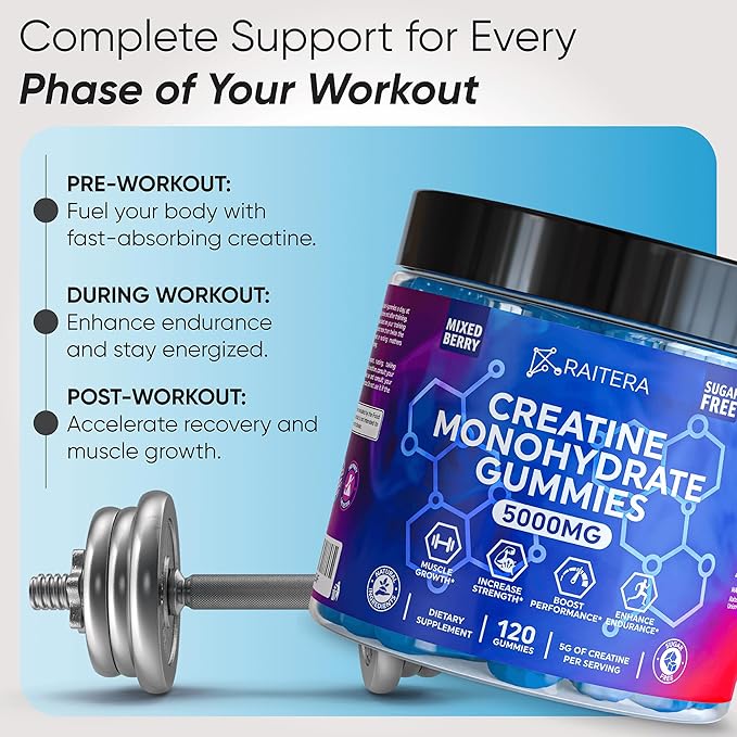 Creatine Monohydrate Gummies 5000mg for Men and Women Only 3 Gummies Per Serving Vegan Creatine Chews for Muscle Growth Muscle Endurance Workout Recovery Zero Sugar Easy to Digest No Bloating