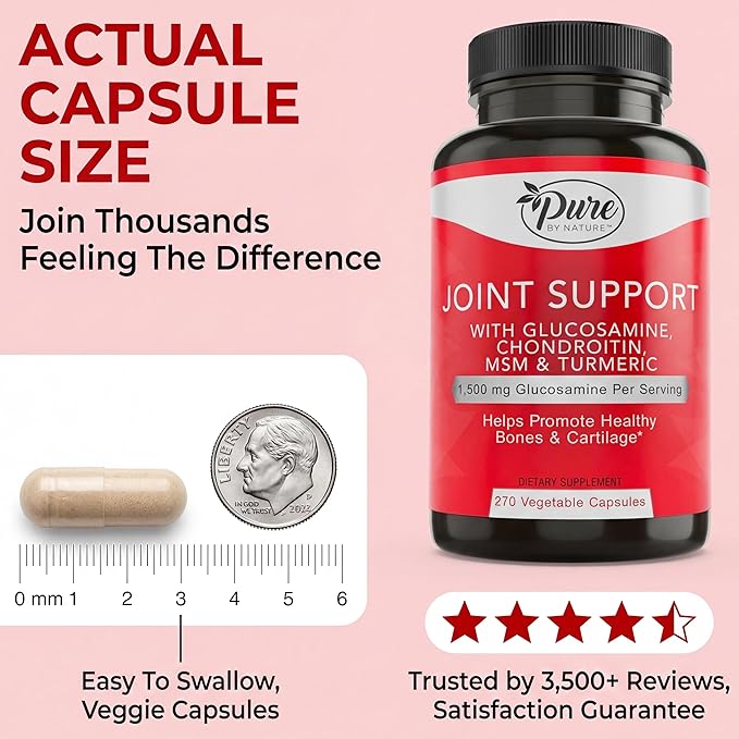 Pure By Nature Joint Support Glucosamine with Chondroitin Turmeric MSM Boswellia Supplement 270 Capsules