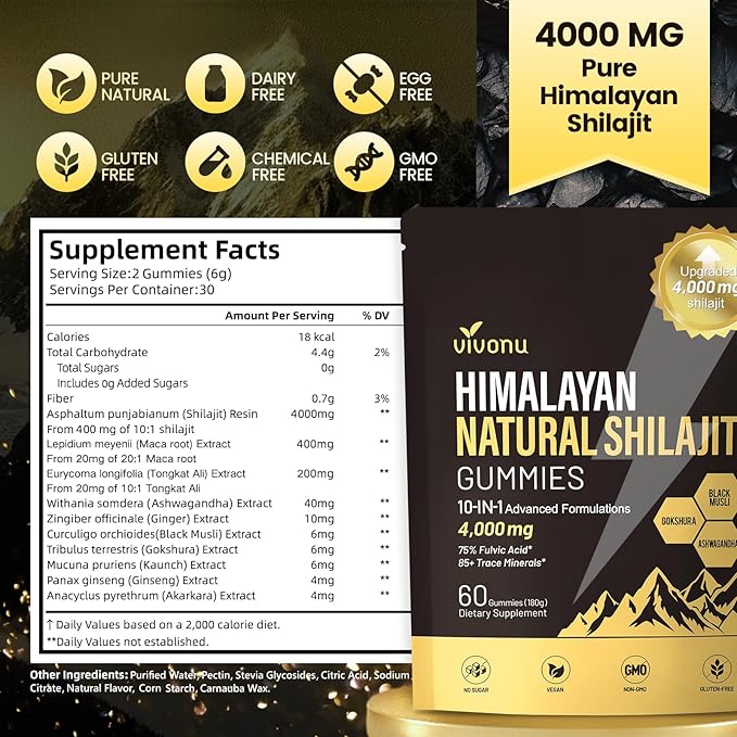 Shilajit Gummies for Men &amp Women | 4000mg High Potency 10-in-1 Formula with Pure Himalayan Shilajit Ashwagandha and 75% Fulvic Acid | Sugar-Free Vegan 85+ Trace Minerals Men 4000mg / 2 Bag