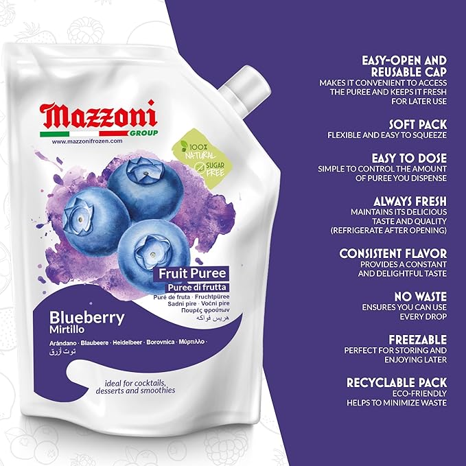 Mazzoni - Blueberry Puree 100% Pure Blueberries Just Fruit No Sugar Added Real Fruit for Smoothies Drinks Cocktails Fruit Juice - 2.2 lb Convenient Pouch Made in Italy