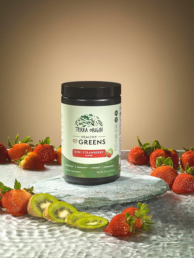 TERRA ORIGIN Healthy Greens Powder Blend | Superfoods Probiotics Enzymes Spirulina | for Immune &amp Digestive Gut Health Support | Energy &amp Wellness Boost | 30 Servings (Kiwi Strawberry)