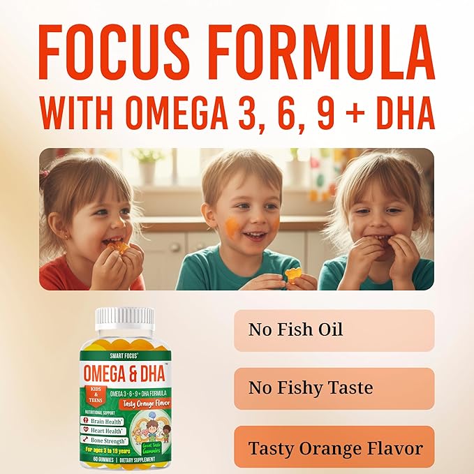 Focus Supplement for Teens &amp Kids – Brain Focus Gummies for Concentration Memory Clarity &amp Attention | Omega DHA Plant-Based 60 Gummies | Teen Brain Vitamins &amp Kids Focus Vitamins – Fish