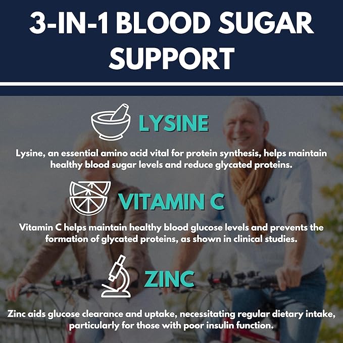 Max-LyZinC: L-Lysine 1100mg + Zinc 6 mg + Vitamin C 100 mg - 3-in-1 Supplement for Maintaining Blood Sugar Already in The Healthy Range - 180 Capsules / 30-Day Supply