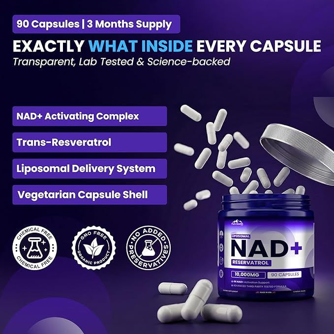 PHM NAD Resveratrol Supplement - 10000mg Extra Strength | NAD+ Liposomal Supplements for Men and Women | NMN &amp NMNH Alternative | 90 Capsules 1.5 Months Supply