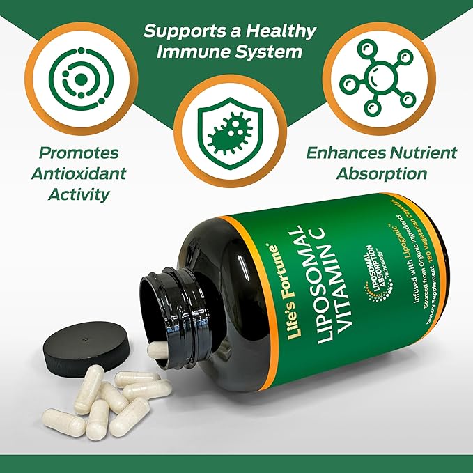 Life's Fortune Liposomal Vitamin C 2100 mg Fast Acting Absorption Higher Bioavailability Supporting Immune System High Antioxidant Supplement Formula – Collagen Booster – 180 Capsules