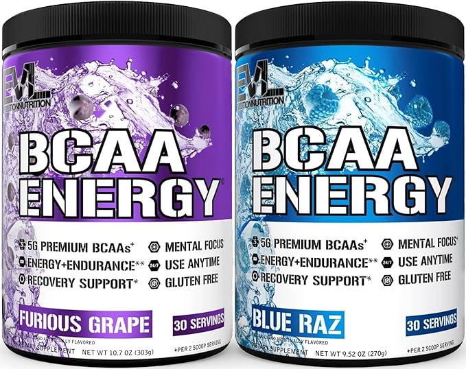 Evlution Replenishing BCAAs Amino Acids Powder for Pre &amp Post Workout (Grape and Blue Raz 30 Servings Each)