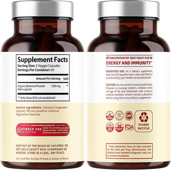 N1N Premium Organic Beet Root Capsules 1300mg 120 Veg Caps [Non-GMO &amp Gluten Free] All Natural Beet Root Powder for Energy Support