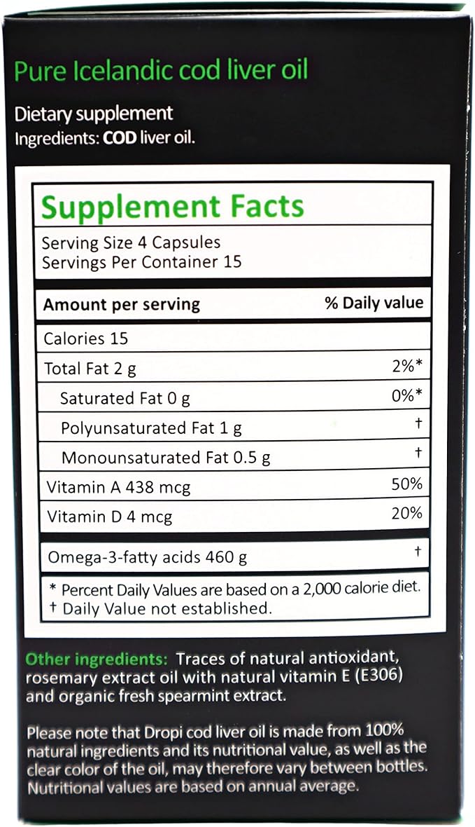 Dropi Pure Icelandic Cod Liver Oil Capsules - Extra Virgin - Organic Fresh Spearmint Extract - Cod Liver Oil Softgels Naturally Rich in Super Omega 3 Fatty Acids Vitamin A Vitamin D - 60 Ct (500mg)
