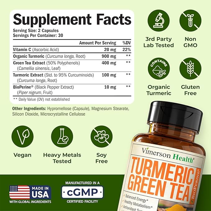 Turmeric Curcumin Supplement with Green Tea Extract (ECGC) &amp Vitamin C for Joint Health Energy &amp Inflammation Balance - Organic Tumeric Curcumin with Black Pepper - Gluten-Free Non-GMO. 2-Pa