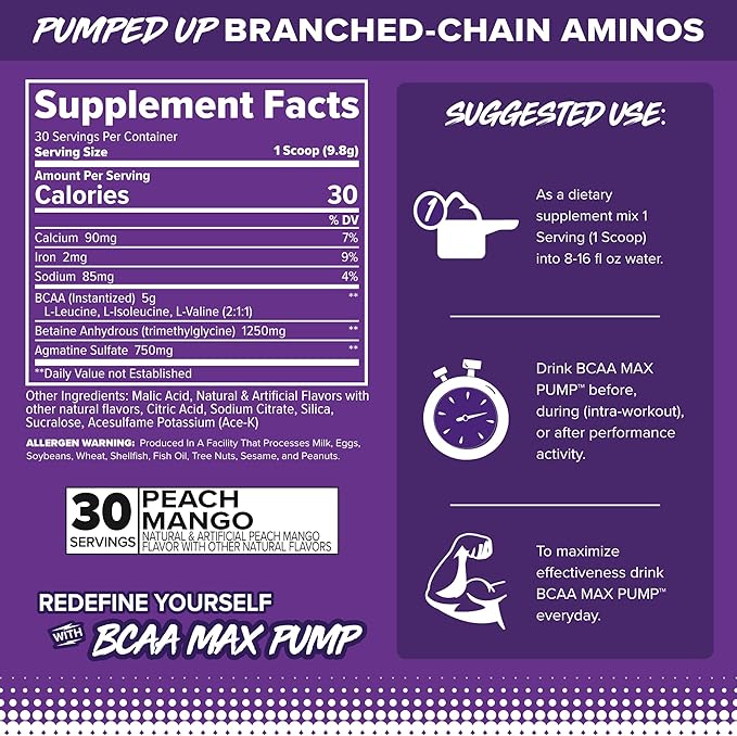 FINAFLEX BCAA MAX PUMP Peach Mango - 10.4 oz - Promotes Strength Performance &amp Recovery - With 2:1:1 Ratio of Leucine Isoleucine &amp Valine + Betaine Anhydrous - 30 Servings