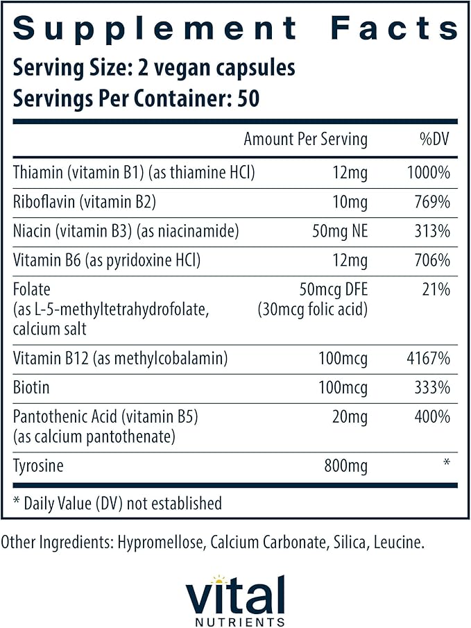 Vital Nutrients Tyrosine and B Vitamins - Thyroid Immune and Nerve Support Formula - Adrenal Support Complex - Gluten Dairy Soy Free - Non-GMO - 100 Capsules