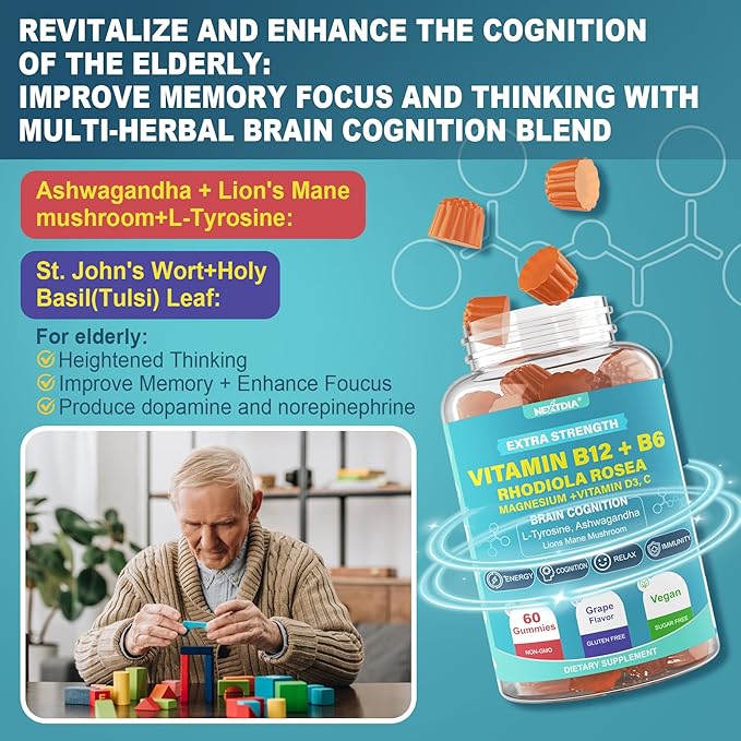 Focus Memory &amp Energy Gummies L-Tyrosine + Methyl B12 1000mcg B6 50mg D3 C Lion's Mane Mushroom for 15+ Students Office Worker Multivitamin Herb Blend for Seniors Brain &amp Cognition 1