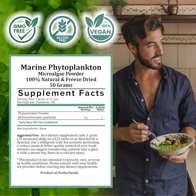 Holistic Bin Marine Phytoplankton Powder | Cultivated in Nordic Seawater | Microalgae Superfood | Natural Source of Omega-3 Chlorophyll &amp Amino Acid | Premium Marine Nutrition Supplement | 50 Gra