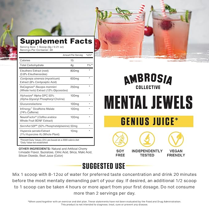 Ambrosia Mental Jewels Nootropic Brain Supplement Powder | Alpha GPC Bacopa &amp Phosphatidylserine | Memory Focus &amp Concentration Support | 30 Servings | Cherry Limeade