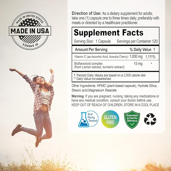 NANOWELL Super Potent Buffered Vitamin C 1000 mg with Bioflavonoid Complex - Antioxidant &amp Immune Support - Healthy Skin &amp Joints - Gluten Free - 180 Servings