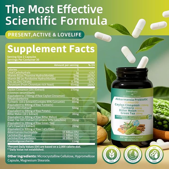 GREENPEOPLE Akkermansia Probiotics 15B CFU for Gut Function 120CT Probiotics Supplement with Ceylon Cinnamon Turmeric | Digestive Health &amp Metabolic Support | Women &amp Man | Vegan &amp Glute