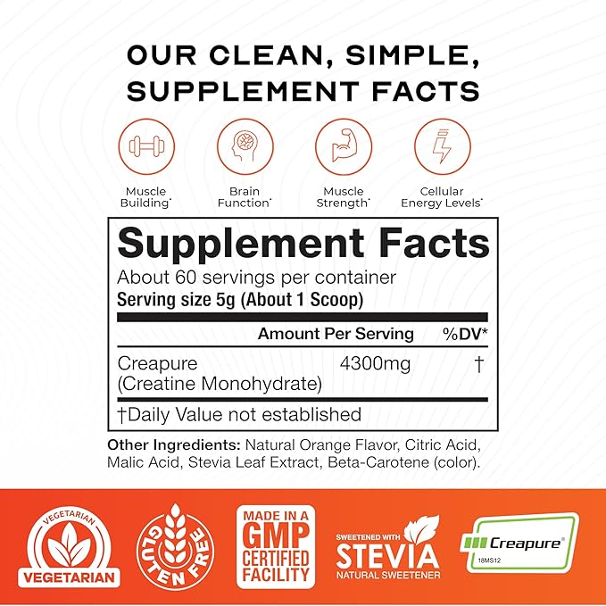 Muscle Feast Creapure Creatine Monohydrate Powder Vegan Keto Friendly Gluten-Free Easy to Mix Muscle Recovery Supplement Trusted Creatine for Muscle Growth Flavored Creatine Natural Orange 300g