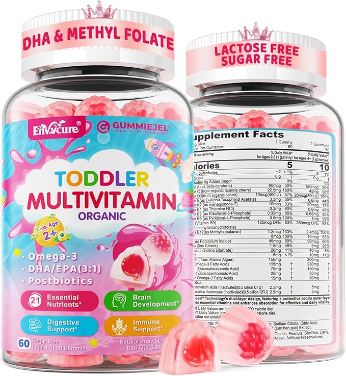 Organic Toddler Multivitamin Gummies (Ages 2-3) | Omega-3 (DHA/EPA) Postbiotics A C D3 K2 Methyl B12 Folate Zinc | Kids Multivitamin for Immune Digestive Brain Development Sugar-Free 60Cts
