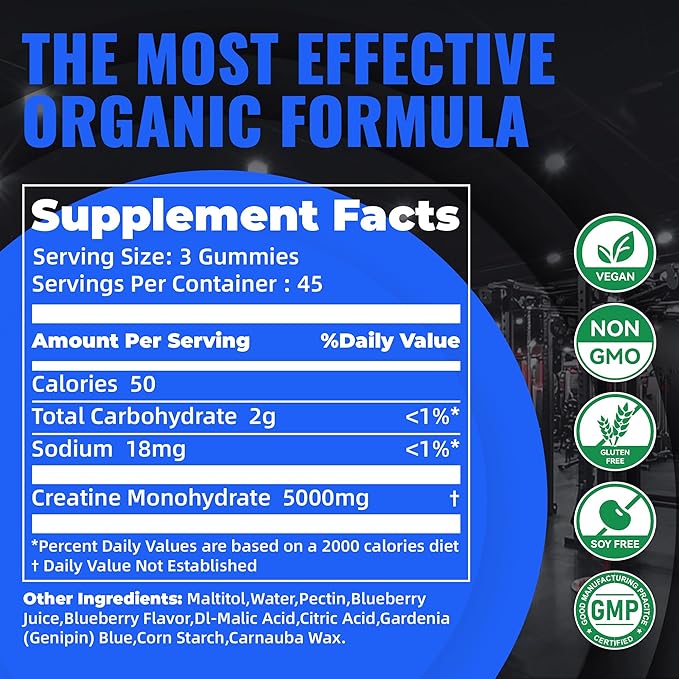 Natures Aid Creatine Monohydrate Gummies (5g) – Pre-Workout Energy &amp Muscle Growth Support for Men &amp Women | Blueberry Electrolyte Gummies (135 Count)