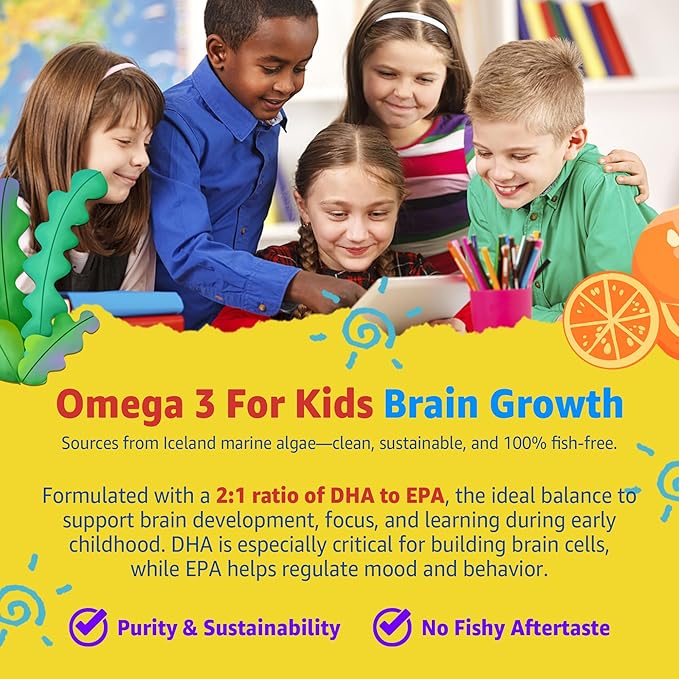 Kids Multivitamin Gummies with Iron Sugar Free Kids Daily Vitamins + Probiotics Algae Omega 3 (EPA/DHA) A C D Methyl B12 Folate B6 Zinc Biotin for Healthy Growth Immune Support 60 Count