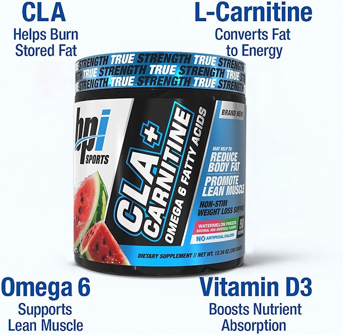 BPI Sports CLA+Carnitine – CLA L Carnitine &amp Linoleic Acid – L Carnitine Supplement for Weight Loss Metabolism &amp Lean Muscle – Caffeine Free – Watermelon – 50 Servings – 12.34 oz