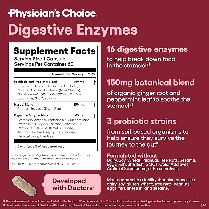 Physician's CHOICE Digestive Enzymes 60 Count + Easy Mix Fiber Bundle