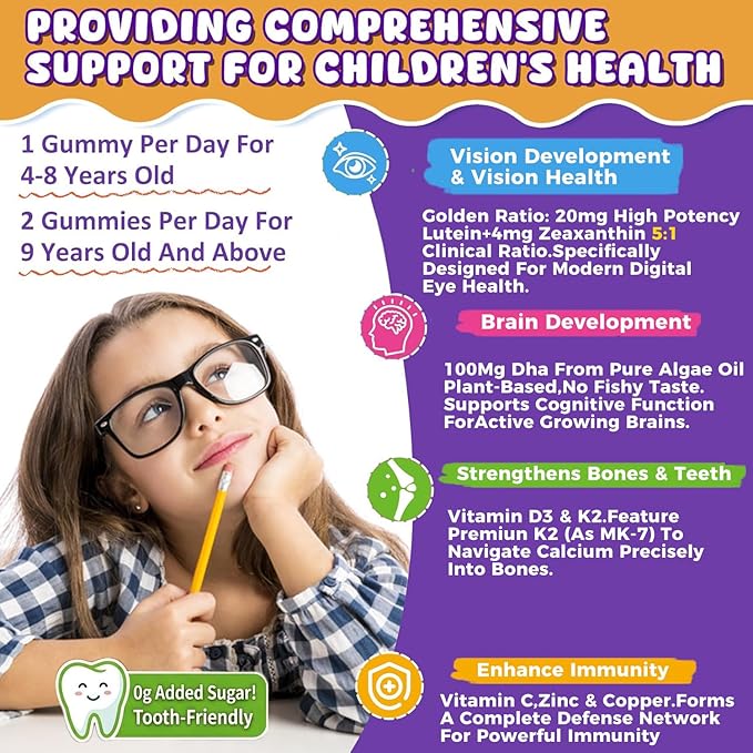 Sugar Free Kids Calcium Gummies (Ages 4-12) - 300mg Calcium Citrate w/Vitamin D3 K2 Magnesium - Algae DHA Lutein &amp Zeaxanthin for Strong Bones Eye &amp Brain Support - Gelatin Free - 60 Gummies