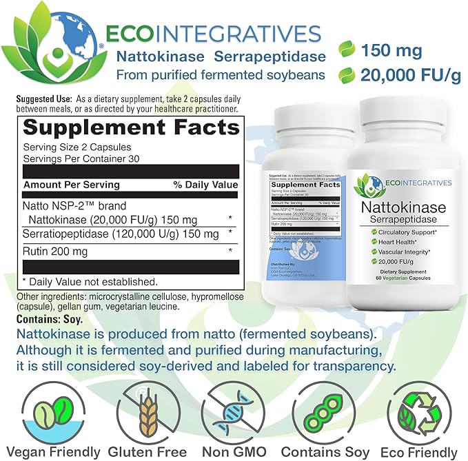 Nattokinase Serrapeptidase – with Nattokinase (20000 FU/g) + Rutin | Supports Heart &amp Circulatory Health* | Non-GMO | 60 Vegetarian Capsules