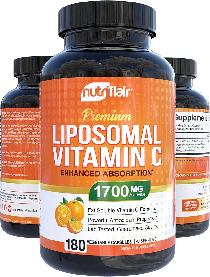 NutriFlair Liposomal Vitamin C 1700mg 180 Capsules - High Absorption Fat Soluble VIT C Higher Bioavailability Immune System Support &amp Collagen Booster Non-GMO Vegan Pills