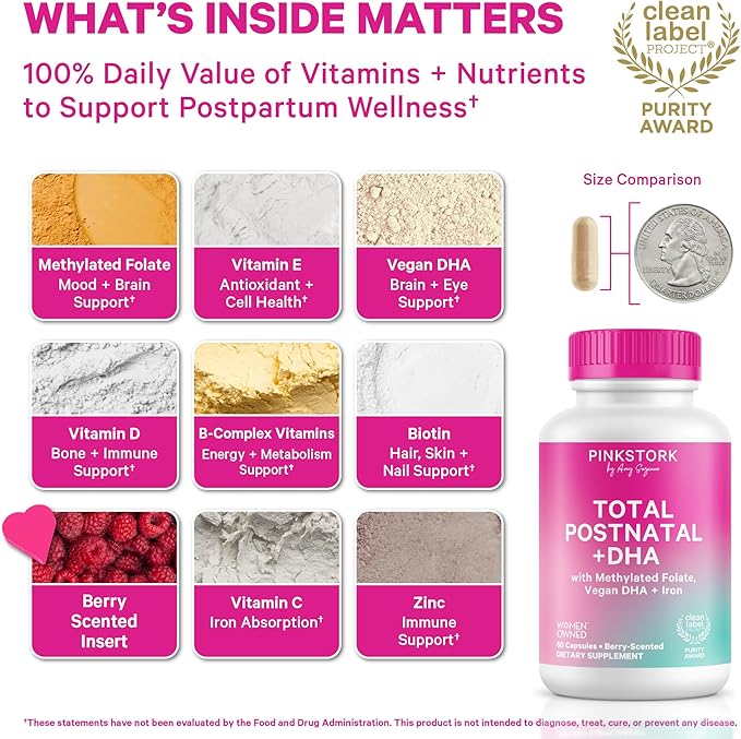 Pink Stork Total Postnatal Vitamins for Women with Vegan DHA Iron Folate and Vitamin B12 Postpartum Recovery Essentials Daily Supplement for Breastfeeding Moms - 3 Month Supply