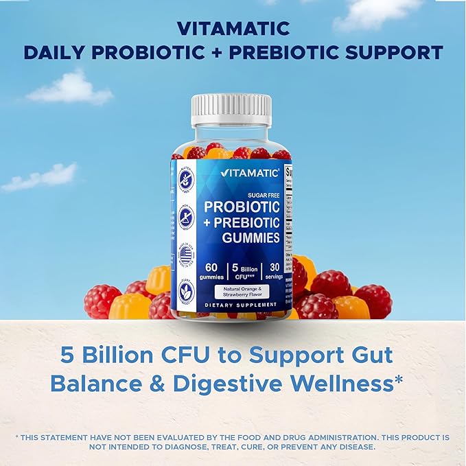 Vitamatic Sugar Free Probiotic Gummies for Men and Women – 5 Billion CFUs - 60Gummies per Bottle | 2 Pack (120 Gummies) Digestive Immune &amp Gut Health Support – Gluten Free