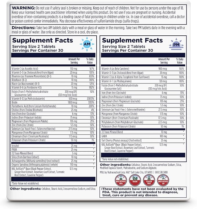 KAL Women's Multivitamin AM/PM 2-in-1 Multivitamins for Women with Ashwagandha Silica Organic Spirulina and GABA for Cellular Energy Bone Strength Immune Support Vegan 30 Servings 120 Tablets