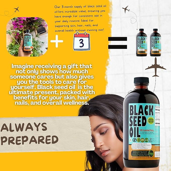 Premium Black Seed Oil Liquid 16 oz - Sugar Free 3 Month Supply Antioxidant Turkish Black Cumin Seed Oil - 3X Thymoquinone First Cold Press Vegan Halal Sweet Sunnah