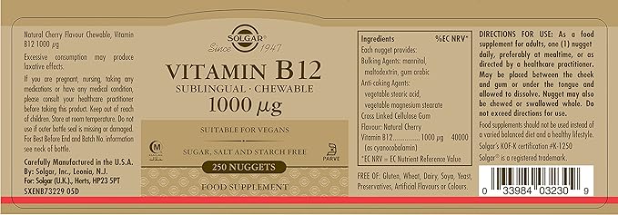 Solgar Vitamin B12 1000 mcg250 Nuggets-Supports Production of EnergyRed Blood Cells-Healthy Nervous System-Promotes Cardiovascular Health-Vitamin B-Non-GMOGluten Free-250 Servings(Pack of 2)