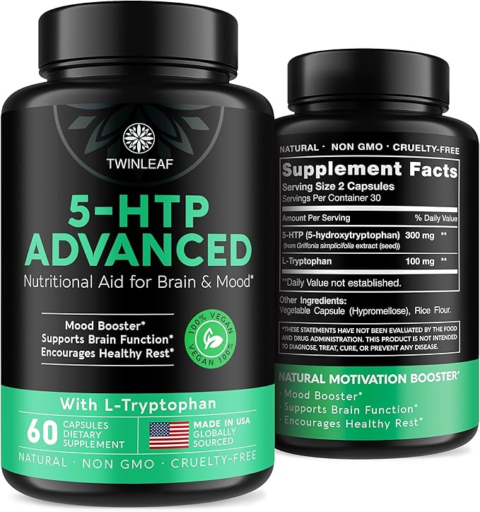 5 HTP Supplement for Mood Support - Made in USA - Natural Manganese &amp L-tryptophan Capsules - 5-HTP Booster for Men &amp Women - Proprietary Formula for Mood and Relaxation - 60 Vegan Capsules