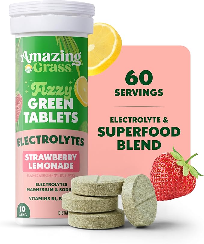 Amazing Grass Electrolyte Tablets Fizzy Greens Water Flavoring Tablet with Vitamins Hydrate Strawberry Lemonade 10 Count (Pack of 6) (Packaging May Vary)