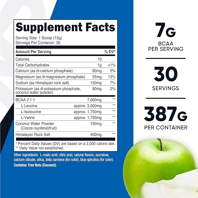Nutricost BCAA + Hydration Powder (Green Apple) 30 Servings - Branched Chain Amino Acids with Hydration Complex - Gluten-Free Non-GMO