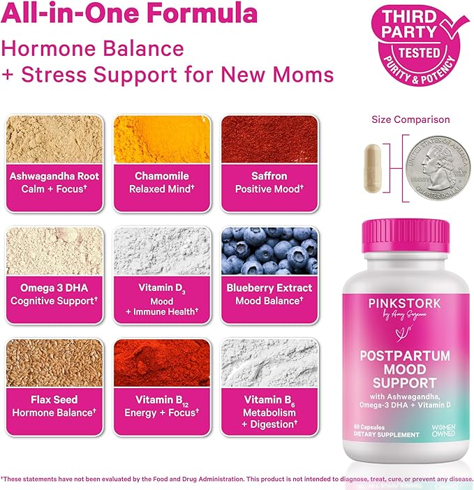 Pink Stork Postpartum Mood Support - Postnatal Hormone Balance for Women - Breastfeeding Friendly - Stress &amp Cognitive Support New Mom Essentials - Ashwagandha Chamomile &amp Vitamin D 60 Cap
