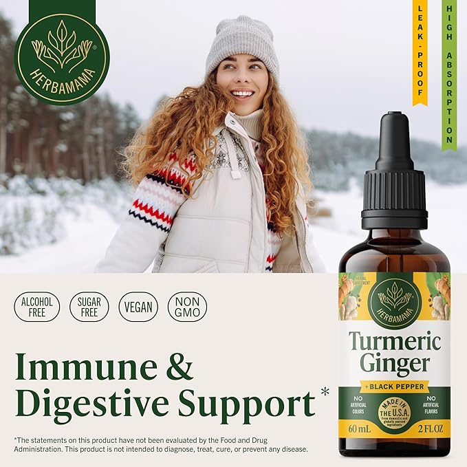 HERBAMAMA Turmeric Curcumin and Ginger Supplement - Vegan Immune Blend with Liquid Ginger RootTurmeric &amp Black Pepper Extract - Non-GMO Alcohol &amp Sugar-Free Immunity Drops