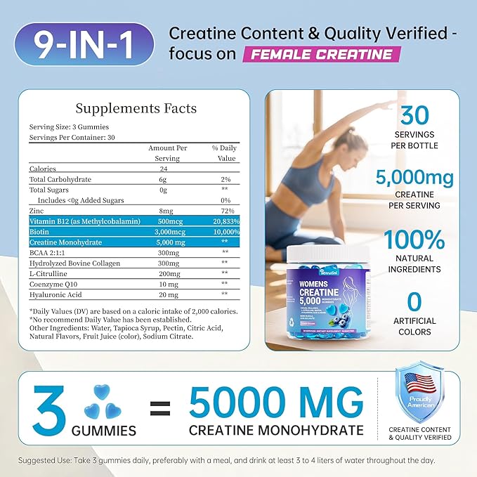 Creatine Gummies for Women 5000mg – Sugar Free Creatine Monohydrate Chews for Strength Lean Muscle &amp Recovery with Collagen &amp BCAA Pre Workout Supplement 90 Gummies