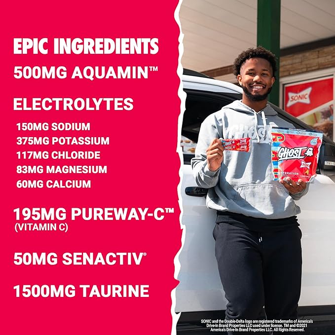 GHOST Hydration Packets Sonic Cherry Limeade 24 Sticks Electrolyte Powder - Drink Mix Supplement with Magnesium Potassium Calcium Vitamin C - Vegan Friendly Free of Soy Sugar &amp Gluten