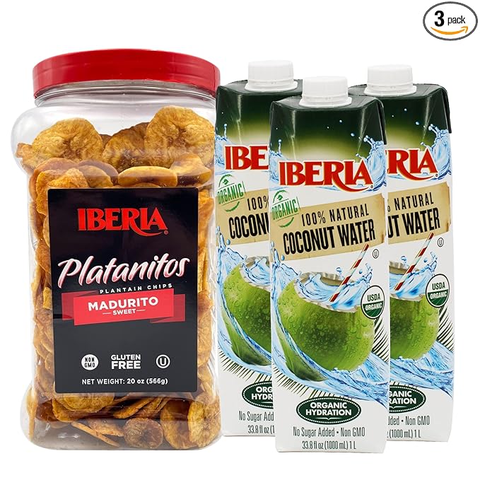 Iberia Organic Coconut Water 1 Liter (Pack of 3) and Iberia Naturally Sweet Plantain Chips 1.75 lb.