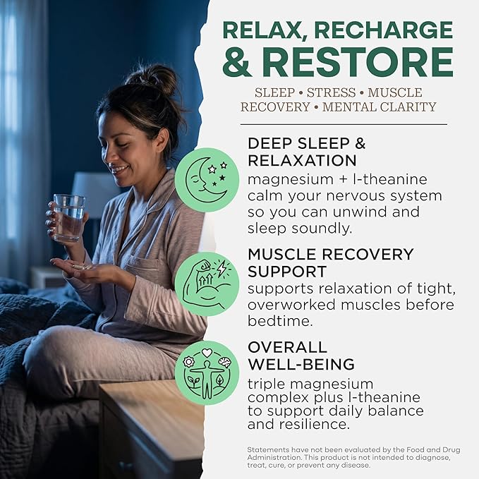 Wild Foods 3 in 1 Magnesium Glycinate L Theanine for Calm Sleep &amp Muscle Relaxation - Glycinate Malate Taurate - 100% Natural Magnesium Complex for Women and Men - 60 Capsules