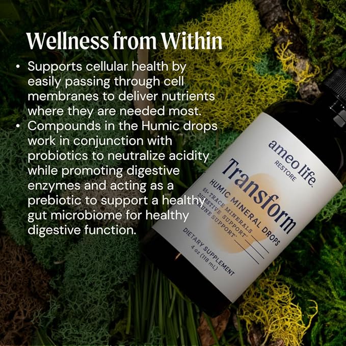 Ameo Life Humic &amp Fulvic Mineral Drops – Ionic Trace Minerals for Immune Digestive &amp Cognitive Support – 65+ Essential Minerals from Organic Soil – Gentle Cleansing – 4 fl oz