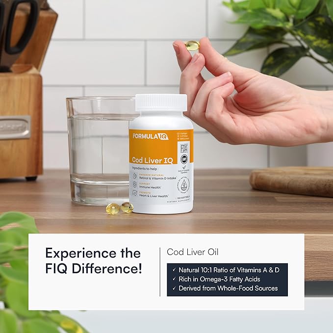 Formula IQ - Cod Liver IQ - Cod Liver Oil Softgels - Natural Source of Vitamins A &amp D and Omega-3 Fatty Acids - Heart Liver &amp Immune Health - 100 Softgels